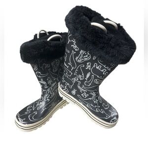 NOVA Black Dinosaur Print Rain Boots with Removable Fur Lining - Kids Size 11